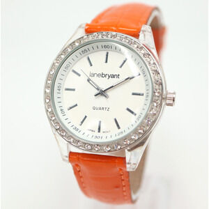 Lane Bryant Women's Watch 37mm Rhinestone Bezel Orange Faux Leather New Battery